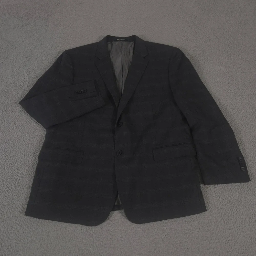Awearness Kenneth Cole Sport Coat Mens 48R Charcoal Plaid Wool Blend Slim Fit